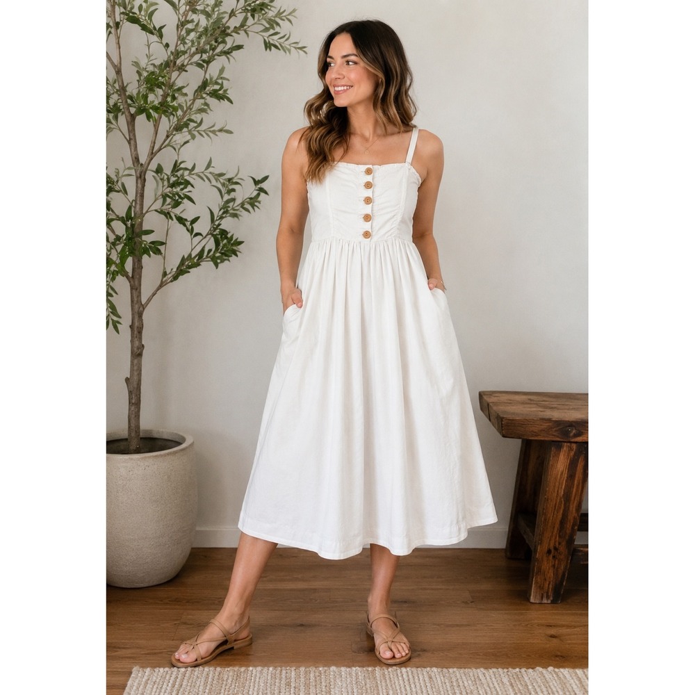 Free People White Cotton Midi Dress Smocked Back Button Front Pockets Small